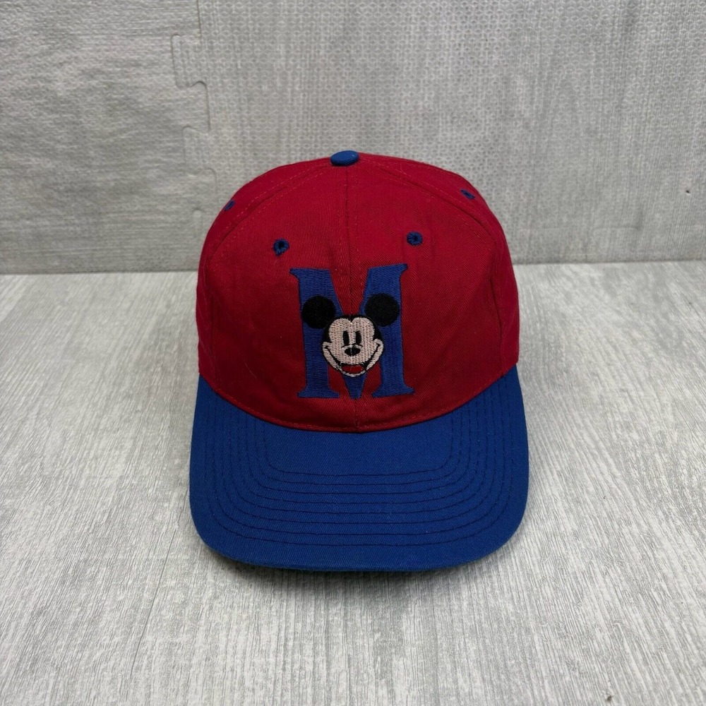 Vintage Mickey Mouse Hat Cap Strap Back Red Blue Disney Big Logo Embroidered